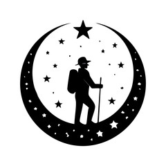 Celestial Hiker A silhouette of a hiker standing under a crescent moon and starry sky, symbolizing adventure and exploration