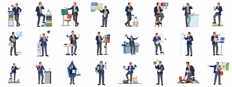 Dynamic illustrations of a professional sports commentator engaged in various broadcasting, analysis, and reporting activities for live events and media.