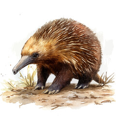 Fototapeta premium Echidna, charming vector painting in watercolor with whimsical textures, isolated on a white background.