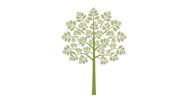Illustration of tree with green leaves on white background, abstract plant with many branches and small foliage, simple natural design