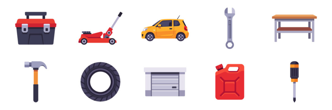 Set of red, gray and orange car garage icons, automotive repair, workshop tools, maintenance service, colorful collection with vector flat illustrations