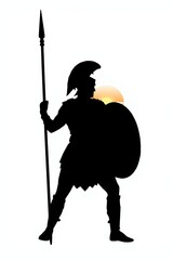 Ancient warrior silhouette holding spear and shield under a rising sun