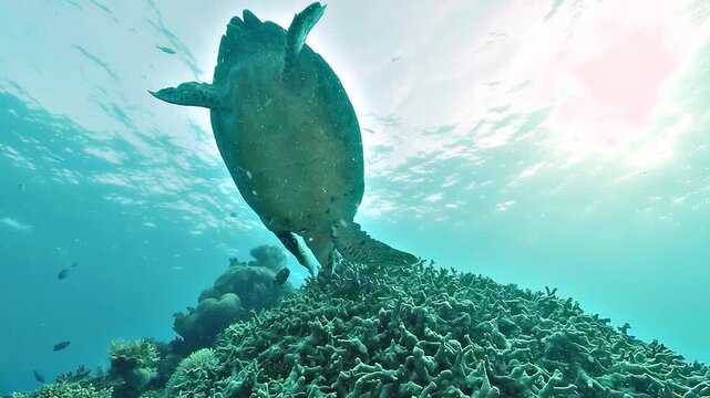 Vertical view of a hawksbill turtle &ndash; Eretmochelys imbricata &ndash; above dead bleached coral on the Great Barrier Reef, highlighting the impact of global warming on this endangered marine species.