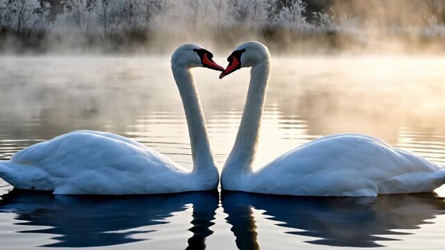 Serene slow-motion shot of two majestic white swans gently touching beaks mid-lake on a quiet, foggy morning symbolizing devotion and tenderness white, birds, tranquil