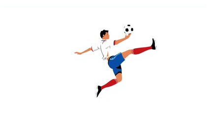 A dynamic illustration of a soccer player kicking a ball in mid-air