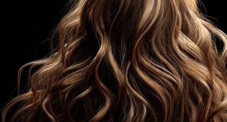 Naklejka premium Luminous Wavy Brown Hair with Golden Highlights, Flowing Elegantly Against Dark.
