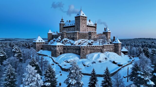 Serene wide establishing shot of a massive snow-covered castle fortress enveloped by a completely white winter forest during the quiet blue hour twilight woods, twilight, covered
