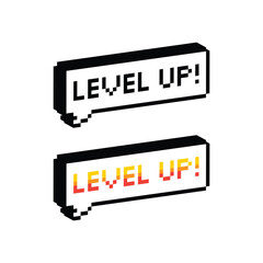 3D isometric pixel art level up speech bubble banner 8 bit vector icon for computer game, logo