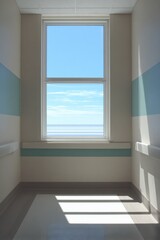 Fototapeta premium Hospital corridor window with ocean horizon and sunlight for healthcare calm background poster and interior design template