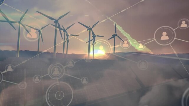 Animation of network of connections over windmills