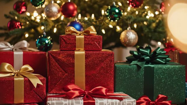 Shallow depth of field abstract shot with dramatic bokeh featuring stacks of colorfully wrapped presents beneath a glowing Christmas tree cozy, colorfully, christmas