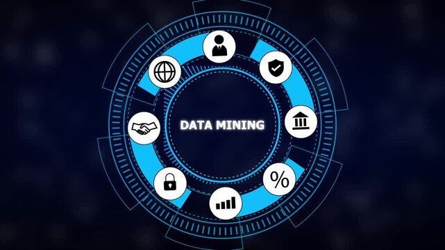 Futuristic blue circular interface showing data mining concept with icons for analytics, security, finance, user, web, and growth on dark tech background.