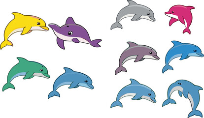 Cute dolphin cartoon vector set, colorful dolphin characters collection isolated © Sanjida
