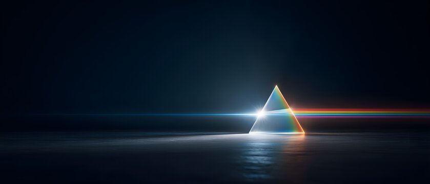 A triangular prism refracts white light into a rainbow spectrum on a dark background