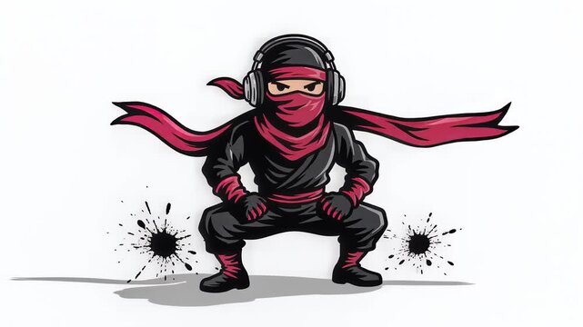 Cartoon ninja wearing headphones and red scarf in a fighting stance.