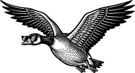 Flying Canada goose wearing sunglasses illustration, funny waterfowl character with wings spread, cool bird meme graphic, whimsical wildlife nature art. © Delowara