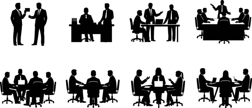 Business boardroom meeting silhouettes, corporate executive team discussion at conference table, professional office partnership, management seminar, workplace collaboration, teamwork icons.