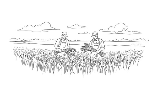 Linear outline of farmers harvesting in wheat field under cloudy sky