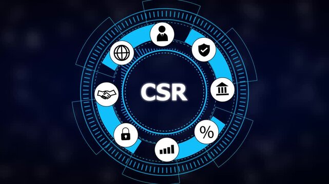 Futuristic blue circular interface with csr text and icons for social responsibility, ethics, security, finance, governance on dark tech background