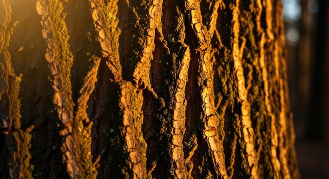Close-up of ancient, weathered tree bark illuminated by golden sunlight, showcasing intricate natural patterns and textures in a serene forest setting, ideal for nature, organic design, and