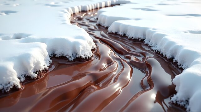 Melting Chocolate River Flowing Through Snowy Winter Landscape &mdash; Creamy Melted Chocolate Stream Close-Up