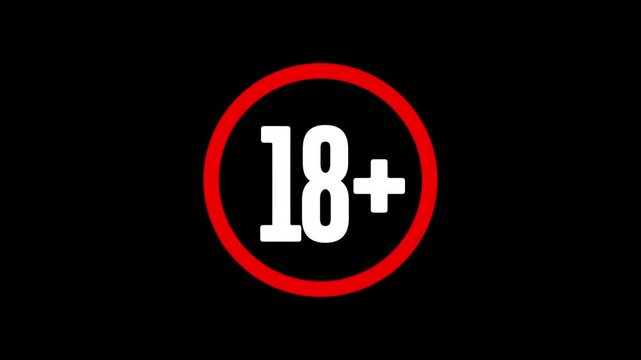 Animated 18+ icon on a black background, clearly marking content for viewers 18 and older, ideal for age-restricted websites or videos
