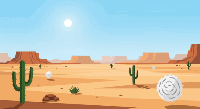 Expansive desert vista with towering mesas, vibrant green cacti, and rolling tumbleweeds under a clear sunlit sky, capturing the serene arid