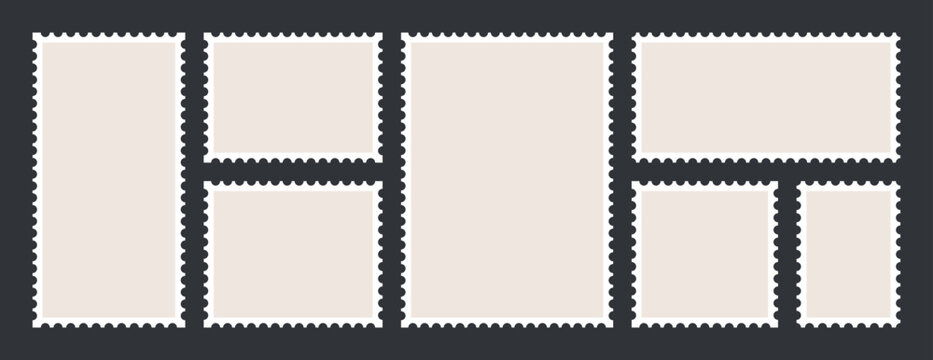 Postcard stamp frames. Blank postage mail stickers, empty rectangular paper envelope post borders with postmark, philately design elements. Vector collection