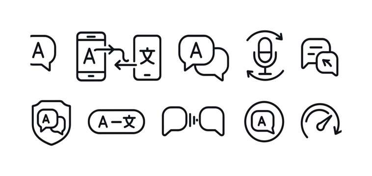 Language translation linear icon set. Communication, multilingual, speech icons collection