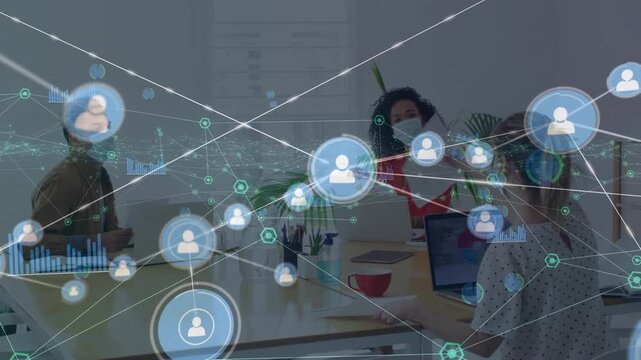 Animation of network of connections with icons over diverse business people with face masks