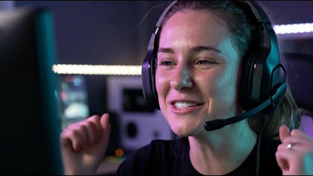 Woman laughing joyfully at computer screen. Female gamer with headphones reacting happily in dark cyber room. Online gaming excitement and digital fun sequence showing escalating smile to big laugh.