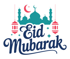 Fototapeta premium Eid Mubarak Greeting with Mosque Silhouette and Lanterns