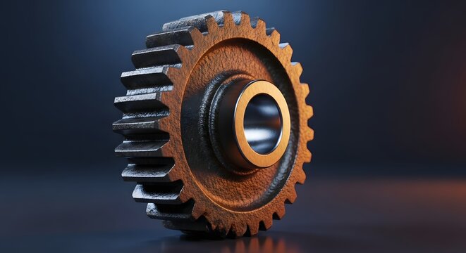Close-up view of metal gears and cogs working together in a mechanical machine system.