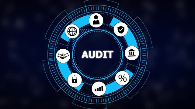 Digital interface graphic with glowing blue circular dashboard and the word audit, surrounded by icons for security, compliance, finance, data and business review on dark background.