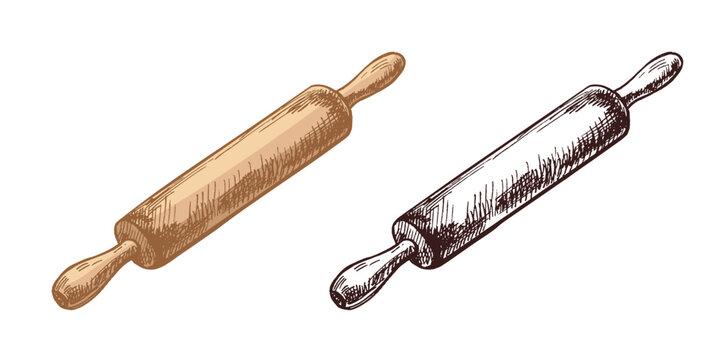 Hand drawn vintage illustration of wooden rolling pin in color and monochrome versions isolated vector graphic