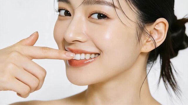 白い歯を強調する、笑顔の日本人女性。オーラルケア・ビューティーポートレート