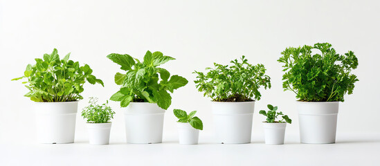 A collection of various green plants in white pots on a clean surface