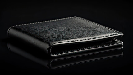 A sleek black leather wallet on a reflective surface