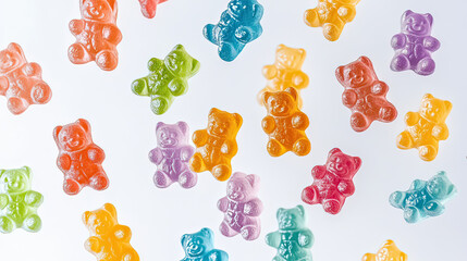 A colorful assortment of gummy bears scattered on a white surface
