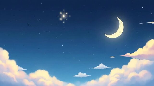 Twinkling Stars and Crescent Moon in Serene Night Sky with Fluffy Clouds, 2D Flat Animation, Dreamy Celestial Background for Children's Lullaby Visuals
