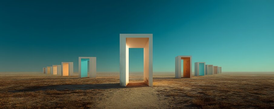 Floating doorways opening into different color dimensions in an empty field