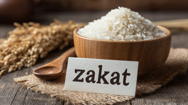 White paper card with zakat text beside wooden bowl of rice wooden spoon and wheat on burlap