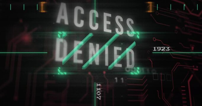 Animation of lines over access denied text, binary codes, changing numbers against black background