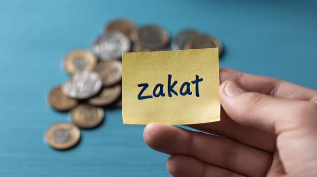 Hand holding yellow sticky note with zakat text and blurred coins on blue background