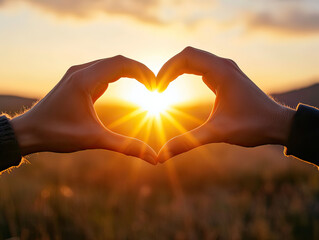 A person's hands forming a heart shape around the sunset