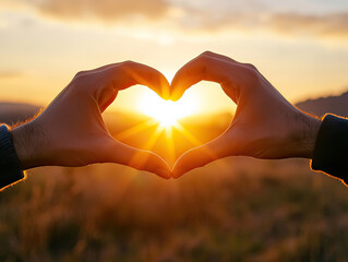 A person forms a heart shape with their hands around a beautiful sunset