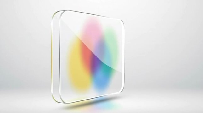 Vibrant rainbow colors shining through transparent glass rectangle on white background