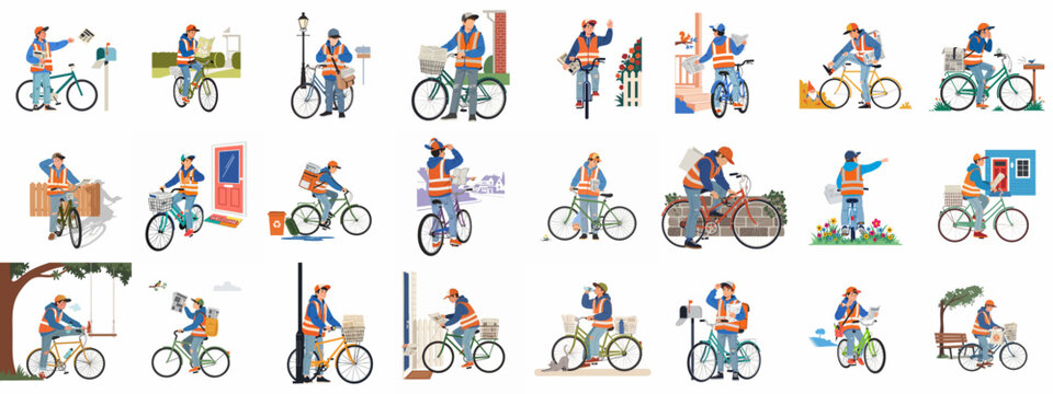 Collection of flat illustrations depicting a paperboy on a bicycle delivering newspapers and mail, showcasing various daily tasks and urban scenes.