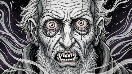 Obraz premium A detailed close-up of a man's frightened face with wide eyes and open mouth, surrounded by swirling lines and stars