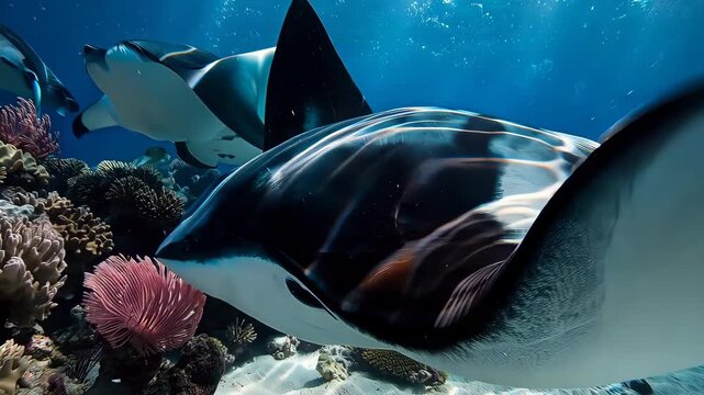 fluid manta ray motion and dynamic sunlight caustics, emphasizing natural marine life and shifting light